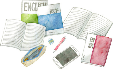 教科書とノート、筆記用具、スマートフォン