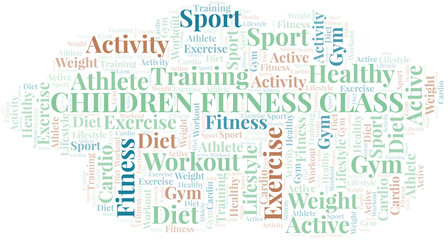 Fototapeta premium Children Fitness Class word cloud. Wordcloud made with text only.