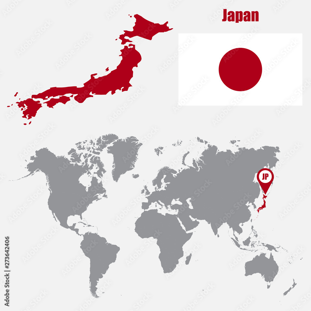 Poster japan map on a world map with flag and map pointer. vector illustration