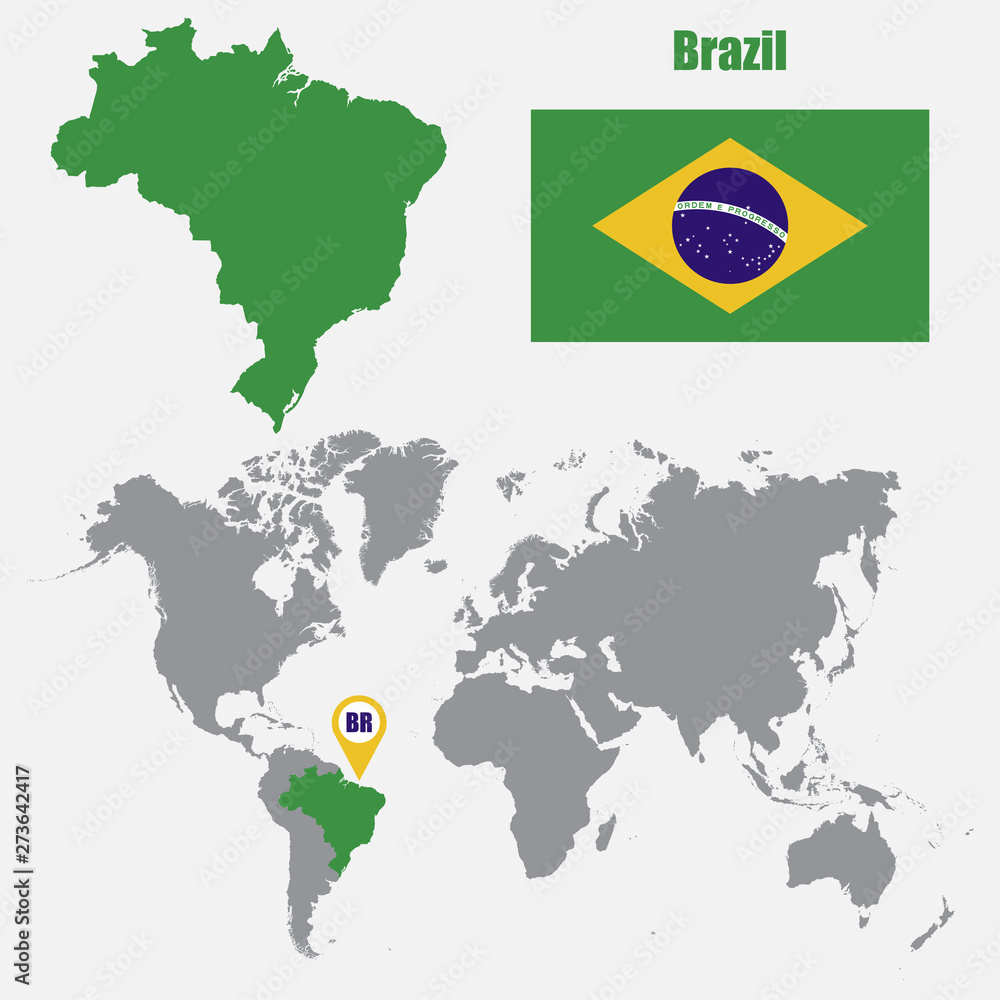 Poster brazil map on a world map with flag and map pointer. vector illustration