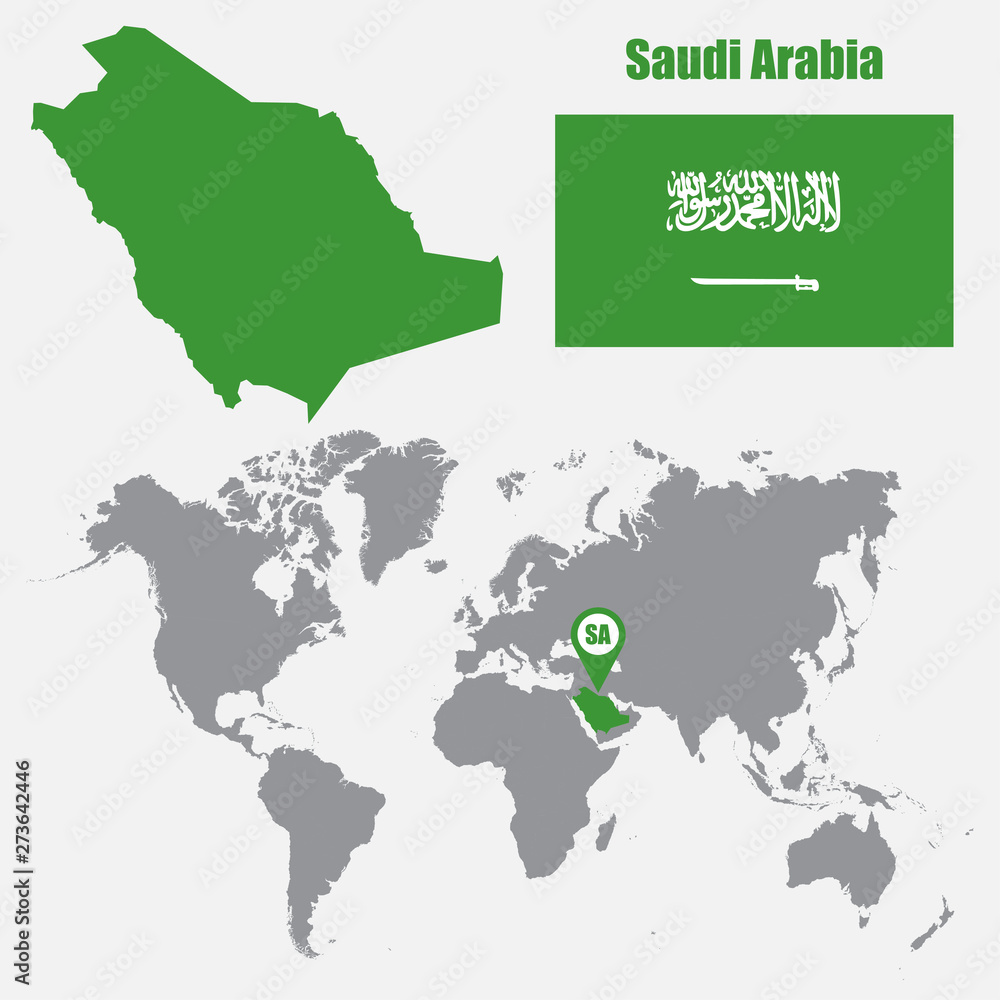 Poster saudi arabia map on a world map with flag and map pointer. vector illustration