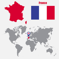 France map on a world map with flag and map pointer. Vector illustration