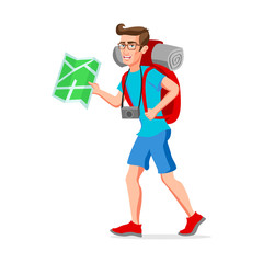 man tourist hipster Funny cartoon character. Vector illustration of a flat design. Isolated on white background