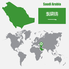 Saudi Arabia map on a world map with flag and map pointer. Vector illustration