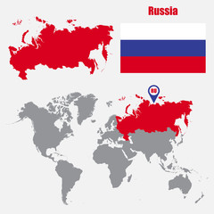 Russia map on a world map with flag and map pointer. Vector illustration
