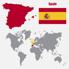 Spain map on a world map with flag and map pointer. Vector illustration