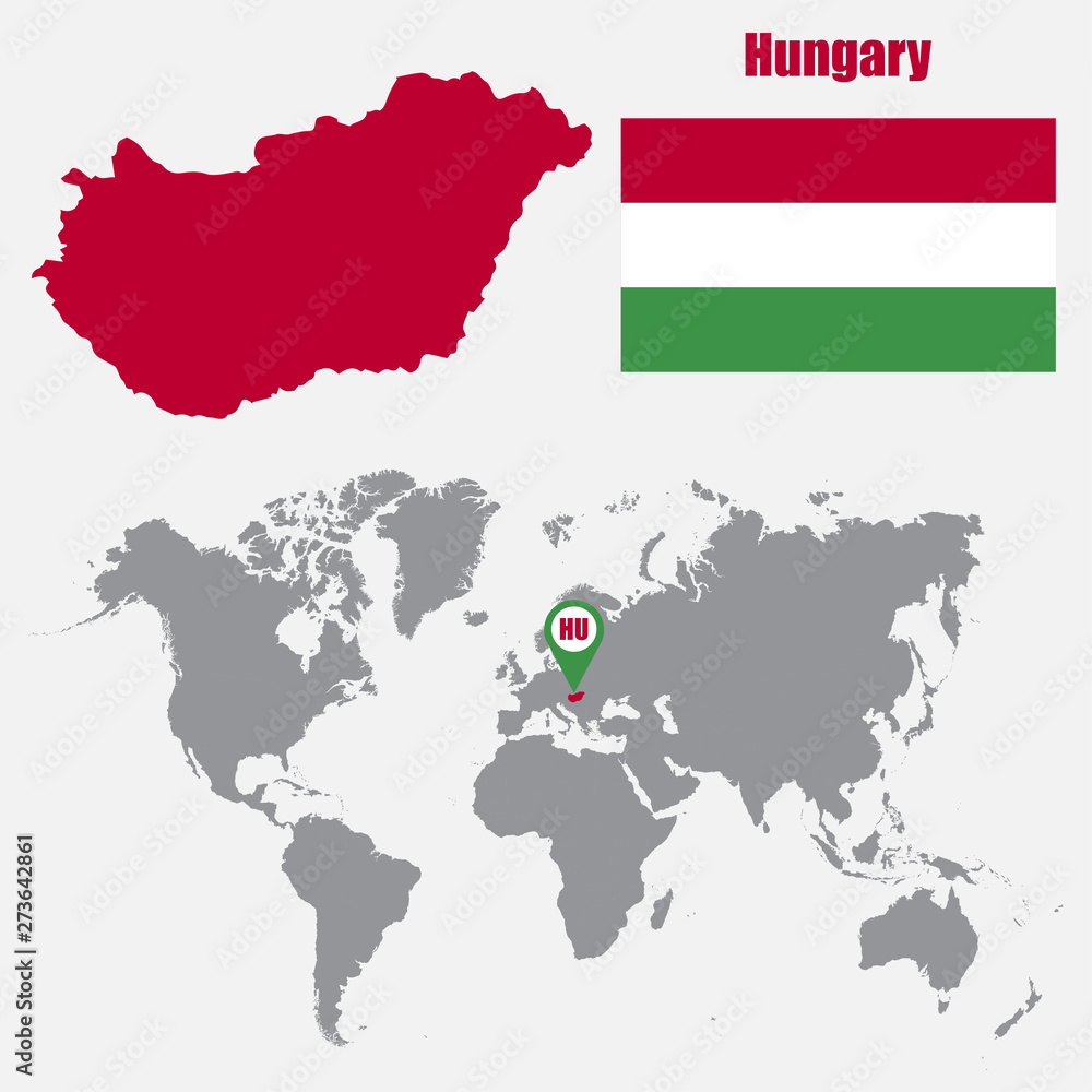 Aufkleber Hungary map on a world map with flag and map pointer. Vector illustration