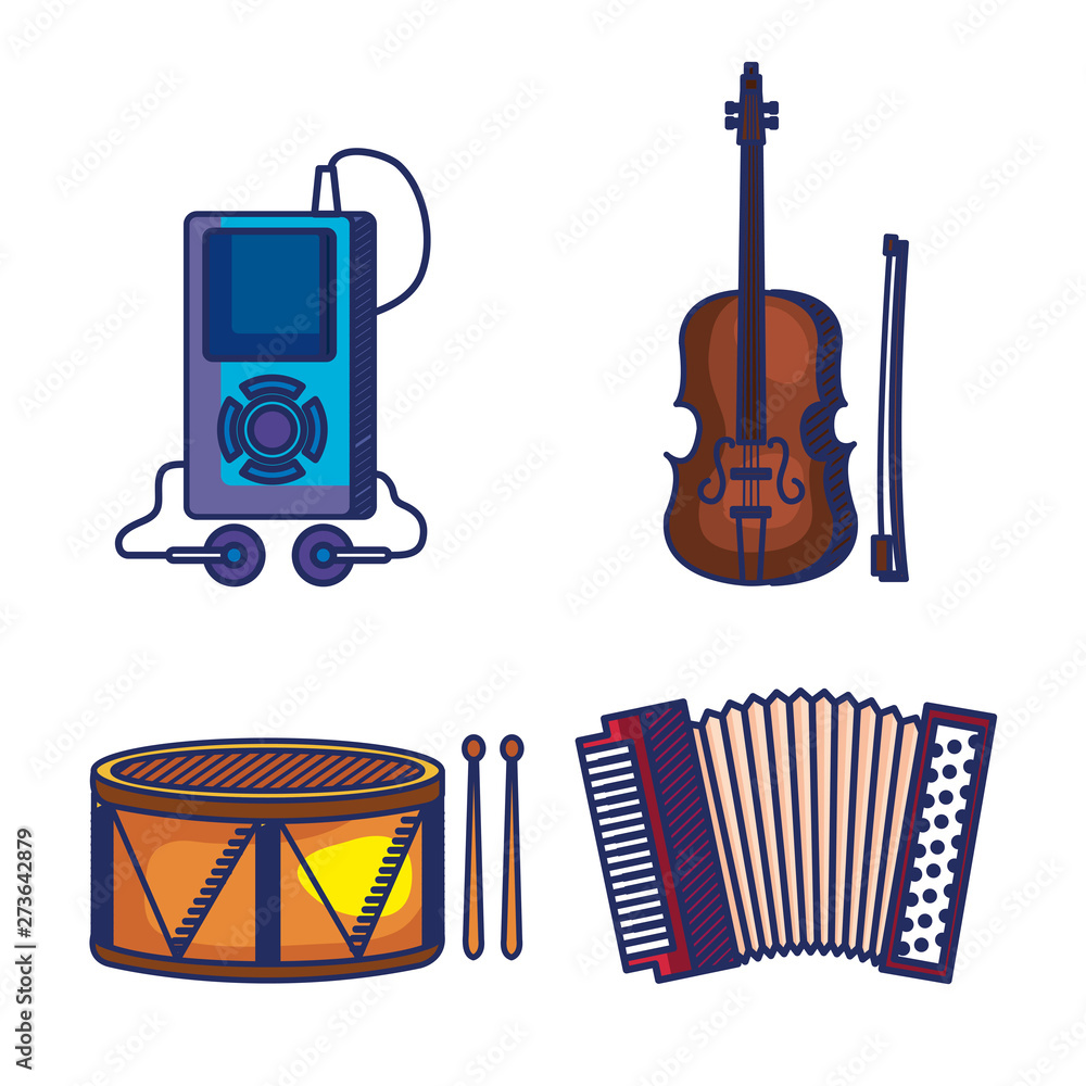 Poster set of mp4 with violin and drum with accordeon instruments