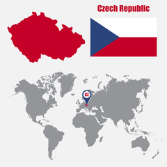 Obraz premium Czech Republic map on a world map with flag and map pointer. Vector illustration