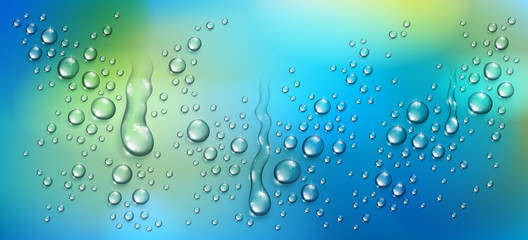 Water rain drops or condensation over blurred green nature background beyond the window, realistic transparent 3d vector illustration, easy to put over any background.