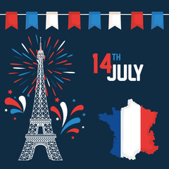 Fototapeta na wymiar eiffel tower with france map and party banner