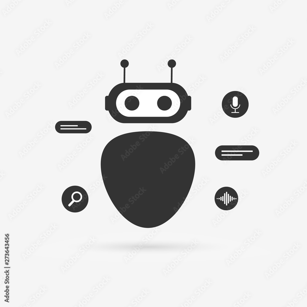 Aufkleber chatbot and robot flat icon on a gray background with a shadow and few icons of search, text, sound 