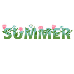 Summer text with cartoon flowers and leaves. Vector illustration