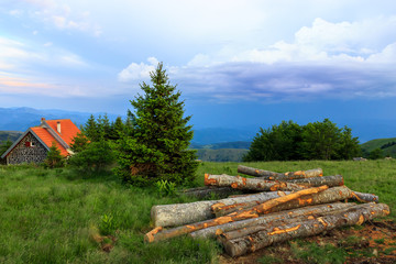 Beautiful view of the cloudy sky, cottage, tree trunks and mountains in the background