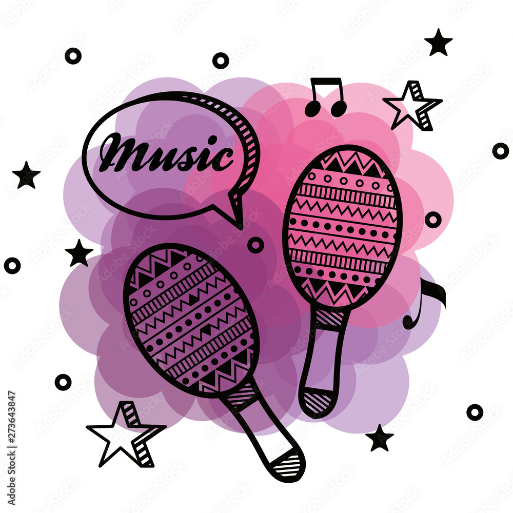 Poster maracas instrument with notes and chat bubble message