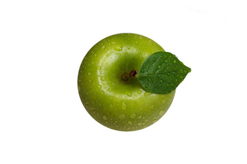 green Apple with leaf on isolated white background with water drops