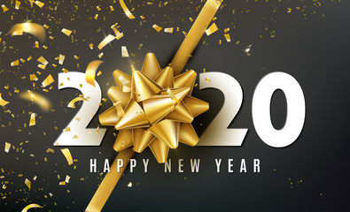2020 Happy New Year vector background with golden gift bow, confetti, white numbers. Christmas celebrate design. Festive premium concept template for holiday
