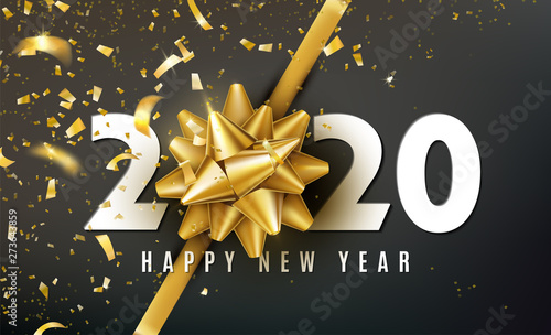 2020 Happy New Year Vector Background With Golden Gift Bow