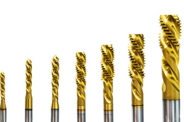 Drill bits in various sizes on the drill bit crack for Metalworking isolated on white background