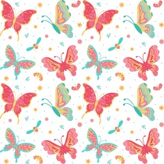 Hand drawn Butterflies, insect, flowers and plant Seamless Pattern isolated on white Background - Vector Illustration 