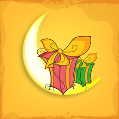 Crescent moon with gifts for Eid celebration.