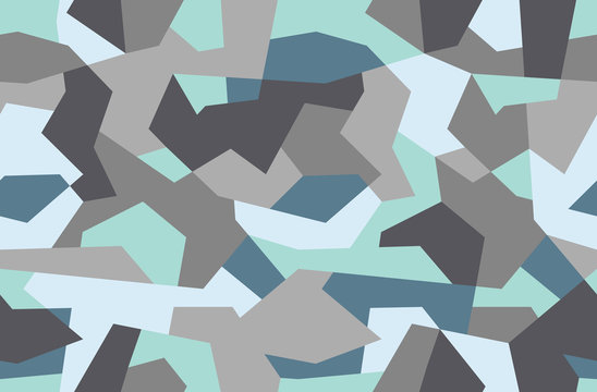 Geometric camouflage seamless pattern. Abstract modern military urban texture. Blue color background. Vector illustration.