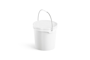 Blank white paint bucket with handle mockup isolated, side view. 3d rendering. Sealed pail model mock up, stands on floor. Empty plastic vessel. Storage container for cleaning. Bucketful housework. © Alexandr Bognat