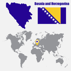 Bosnia and Herzegovina map on a world map with flag and map pointer. Vector illustration