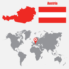 Austria map on a world map with flag and map pointer. Vector illustration