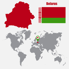 Belarus map on a world map with flag and map pointer. Vector illustration