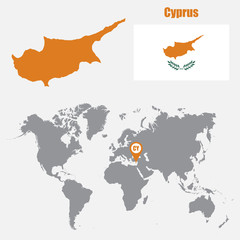 Cyprus map on a world map with flag and map pointer. Vector illustration