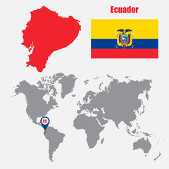 Ecuador map on a world map with flag and map pointer. Vector illustration