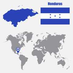 Obraz premium Honduras map on a world map with flag and map pointer. Vector illustration