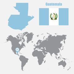 Guatemala map on a world map with flag and map pointer. Vector illustration