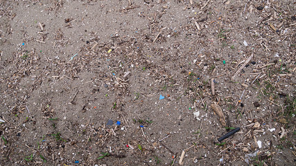 top view environmental pollution plastic and garbage on sand