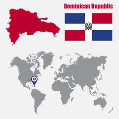 Dominican Republic map on a world map with flag and map pointer. Vector illustration