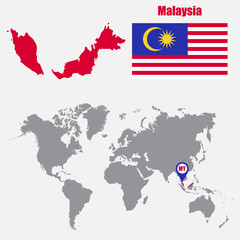 Malaysia map on a world map with flag and map pointer. Vector illustration