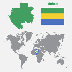 Gabon map on a world map with flag and map pointer. Vector illustration