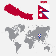 Nepal map on a world map with flag and map pointer. Vector illustration - obrazy, fototapety, plakaty
