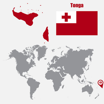 Tonga map on a world map with flag and map pointer. Vector illustration