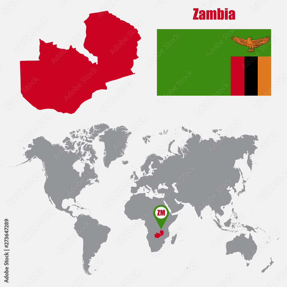 Aufkleber Zambia map on a world map with flag and map pointer. Vector illustration