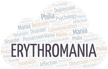 Erythromania word cloud. Type of mania, made with text only.