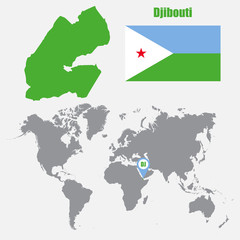 Djibouti map on a world map with flag and map pointer. Vector illustration