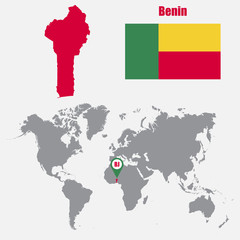 Benin map on a world map with flag and map pointer. Vector illustration