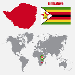 Zimbabwe map on a world map with flag and map pointer. Vector illustration