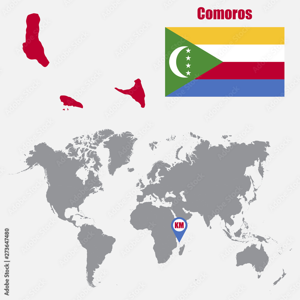Aufkleber Comoros map on a world map with flag and map pointer