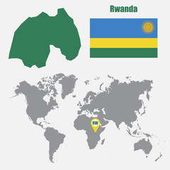 Rwanda map on a world map with flag and map pointer. Vector illustration