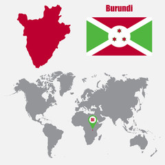 Burundi map on a world map with flag and map pointer. Vector illustration