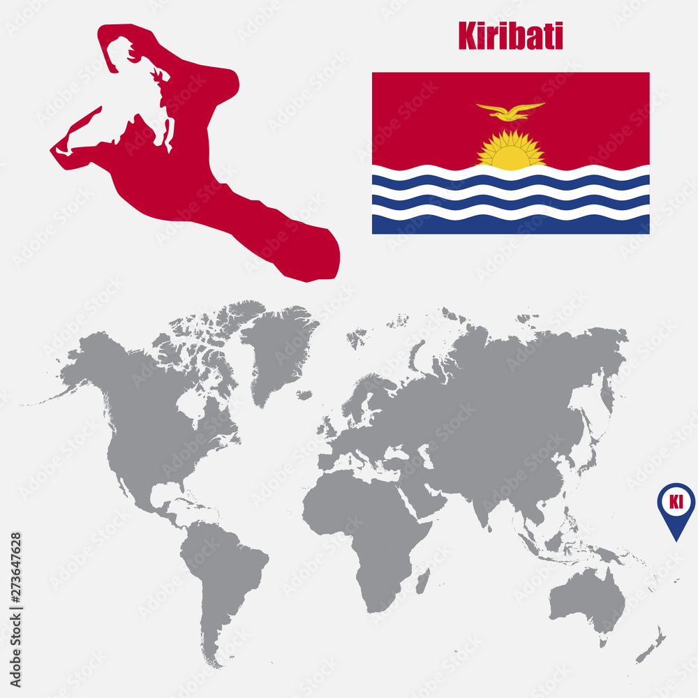 Aufkleber Kiribati map on a world map with flag and map pointer. Vector illustration