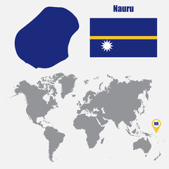 Nauru map on a world map with flag and map pointer. Vector illustration
